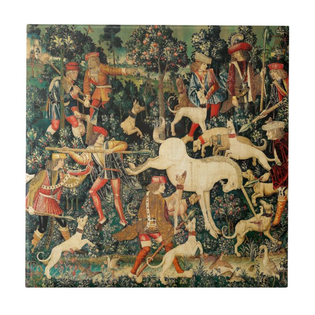 Unicorn Tapestries Mediaeval Classic Defends Hunt  Ceramic Tile (Front)