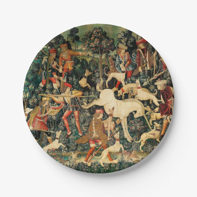 Unicorn Tapestries Mediaeval Classic Defends Hunt  Paper Plate (Front)