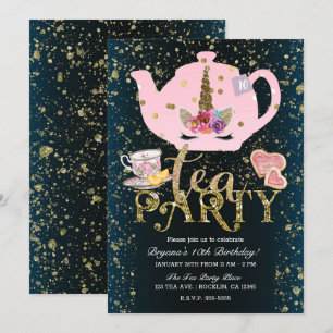 Unicorn Tea Party Gold Glitter Pink Girls Birthday Invitation