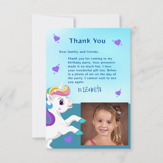 Unicorn Teal Photo Birthday Thank You Card (Front)