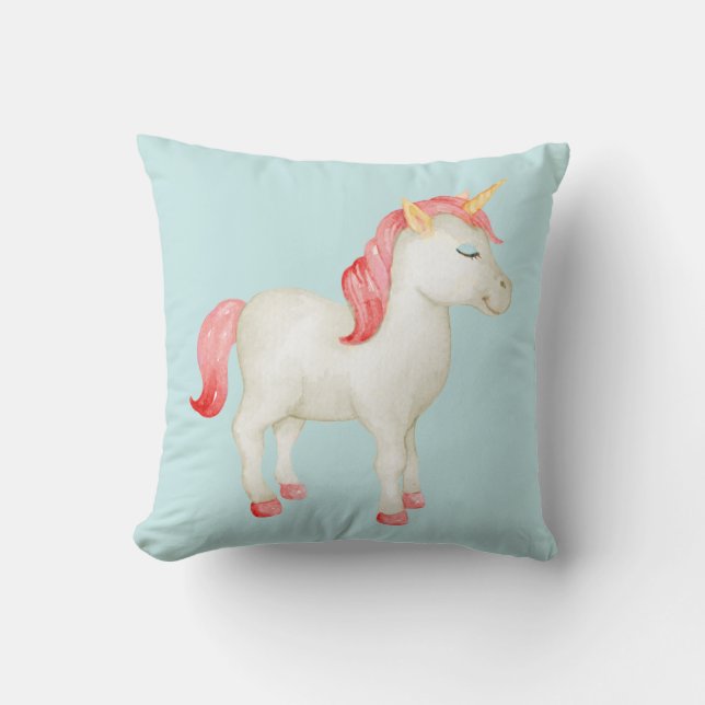 Unicorn Teal Throw Pillow (Front)