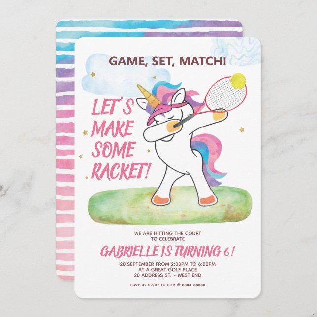 Unicorn Tennis Birthday Invitation (Front/Back)