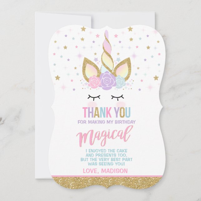 Unicorn Thank You Card Pink Gold Magical Unicorn (Front)