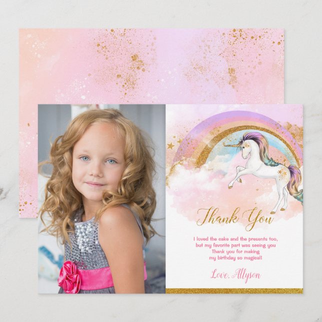Unicorn thank you card with photo, elegant pastels (Front/Back)