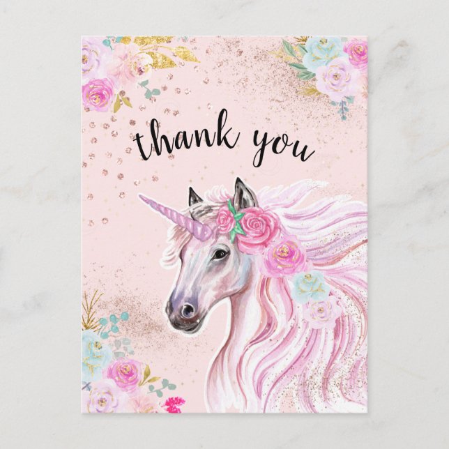 Unicorn Thank You Pink Teal Floral Gold Glitter  Postcard (Front)