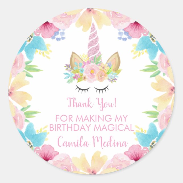 Unicorn Theme Birthday Party Magic Floral Flowers Classic Round Sticker (Front)