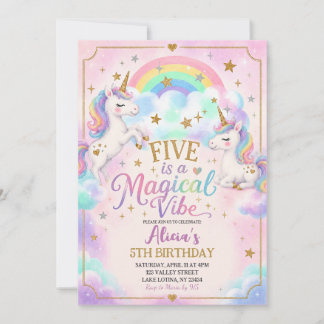 Unicorn Theme Five is a Magical Vibe 5th Birthday Invitation