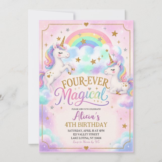 Unicorn Theme Four-ever Magical 4th Birthday Invitation (Front)