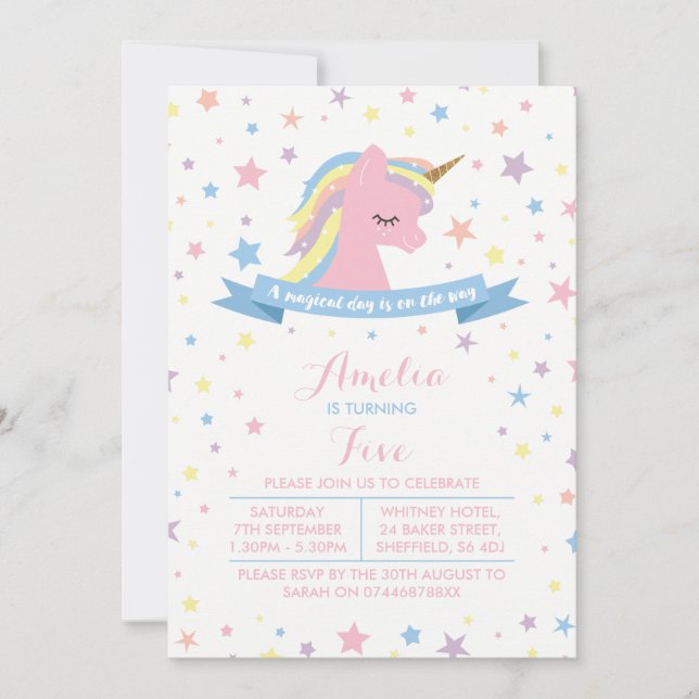 Unicorn themed birthday party invitation (Front)