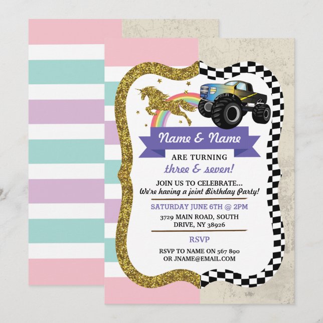 Unicorn & Truck Joint Boy Girl Birthday Invites (Front/Back)