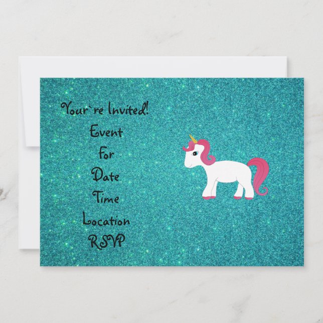 Unicorn turquoise glitter invitation (Front)