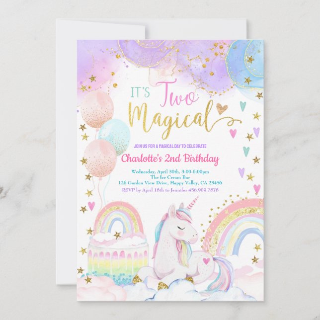 Unicorn Two Magical 2nd Birthday Party Pastel Invitation (Front)