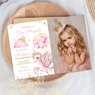 Unicorn Two Magical Pastel 2nd Birthday Photo Invitation
