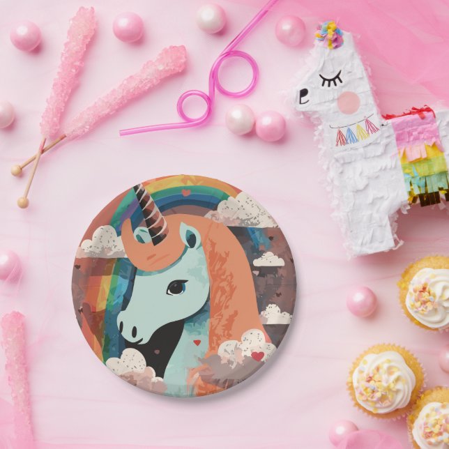 Unicorn under Rainbow & Among Hearts Paper Plate (Party)
