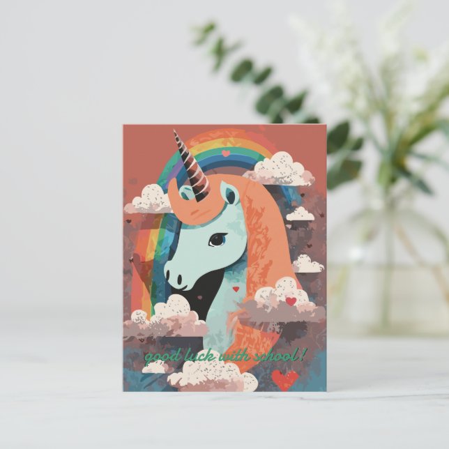 Unicorn under Rainbow & Among Hearts Postcard (Standing Front)