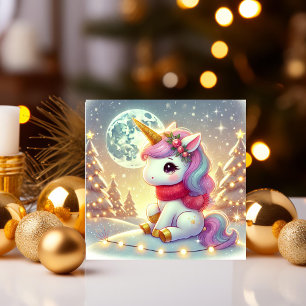 Unicorn Under the Moonlit Christmas Sky Holiday Card
