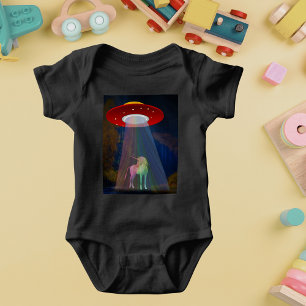 Unicorn Under UFO Rainbow Beam at Night Baby Bodysuit