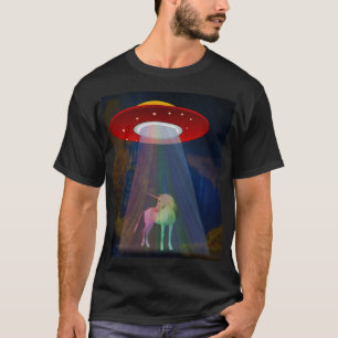 Unicorn Under UFO Rainbow Beam at Night Unisex T-Shirt