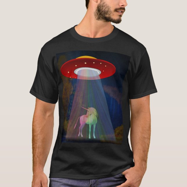 Unicorn Under UFO Rainbow Beam at Night Unisex T-Shirt (Front)