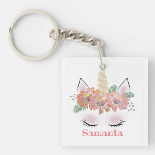 Unicorn, Unicorn Face, personalised, girly, floral Key Ring