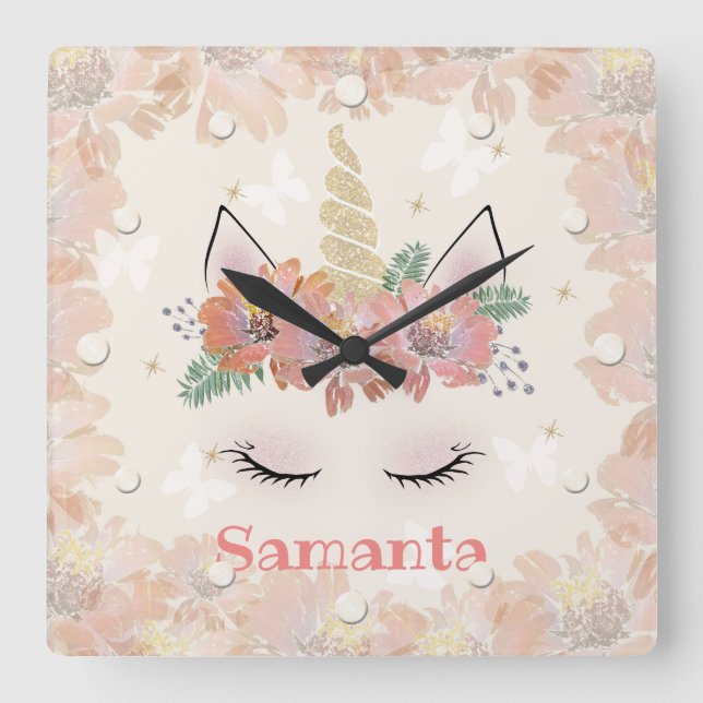 Unicorn, Unicorn Face, personalised Square Wall Clock (Front)