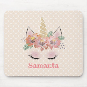 Unicorn, Unicorn Face, personalized, girly, floral Mouse Pad