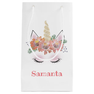 Unicorn, Unicorn Face, personalized, girly, floral Small Gift Bag