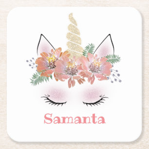 Unicorn, Unicorn Face, personalized, girly, floral Square Paper Coaster