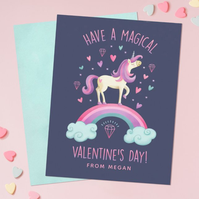 Unicorn Valentines Day Greeting Card (Personalize this cute unicorn Valentine's Day card for your girls classroom exchange.)