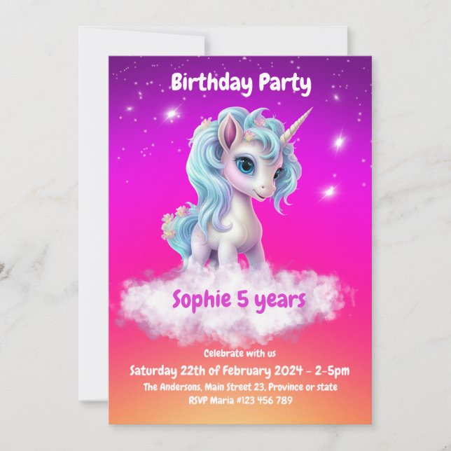 Unicorn Vibrant orange,pink,purple birthday party Invitation (Front)