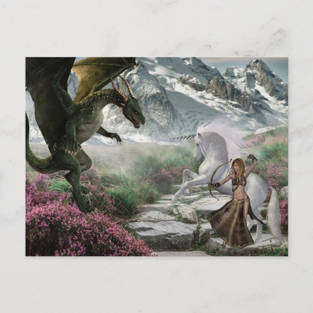 Unicorn Warrior Fantasy Battle with Dragon Postcard (Front)