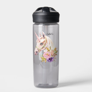 Unicorn Watercolor Flowers Add Name Water Bottle