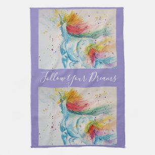 Unicorn Watercolor Painting Dreams Tea Towel