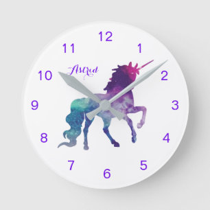 Unicorn Watercolor Purple Name Cute Girl Round Clock