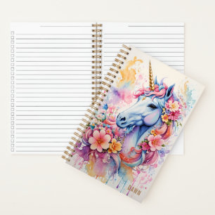 Unicorn Watercolor Splash Flowers Personalised Notebook