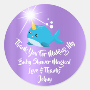 Unicorn Whale Favour Thank Baby Shower Blue Lavede Classic Round Sticker