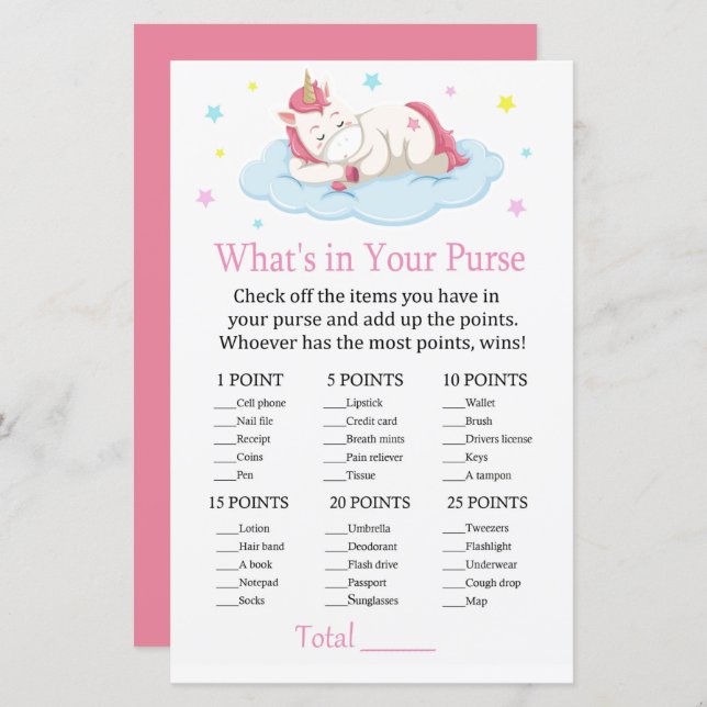 Unicorn What's in your purse game (Front/Back)