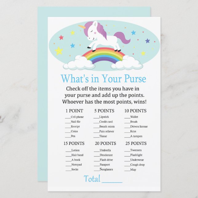 Unicorn What's in your purse game baby shower (Front/Back)