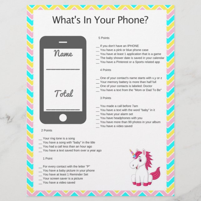 Unicorn What's On Your Phone? Baby Shower Game (Front)