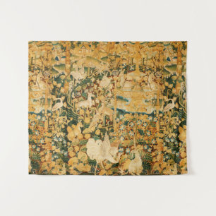 UNICORN,WHITE GRYPHON,ANIMALS,FANTASY FLOWERS TAPESTRY