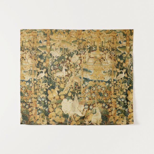 UNICORN,WHITE GRYPHON,ANIMALS,FANTASY FLOWERS TAPESTRY (Front (Horizontal))