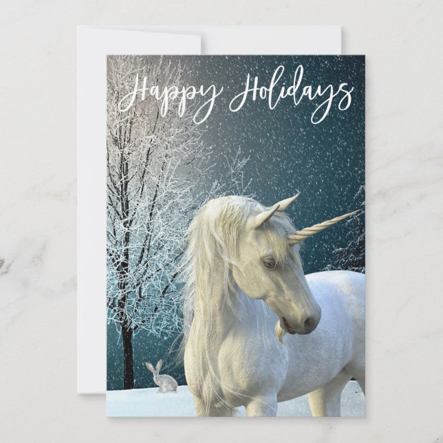 Unicorn Winter Scene Snow Happy Holidays Holiday Card (Front)
