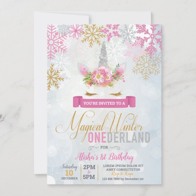 Unicorn Winter Wonderland Birthday Invitation (Front)