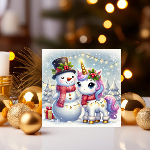 Unicorn with a Snowman and Winter Lights Holiday Card