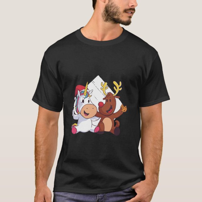Unicorn with Christmas Hat and Reindeer with Biscu T-Shirt (Front)