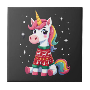 Unicorn with Christmas Sweater Unicorn Girls Chris Ceramic Tile