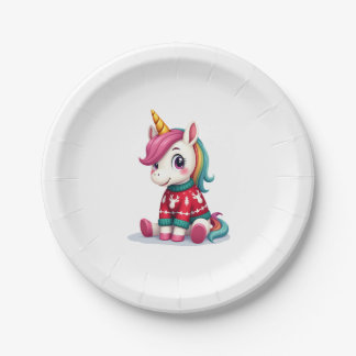 Unicorn with Christmas Sweater Unicorn Girls Chris Paper Plate