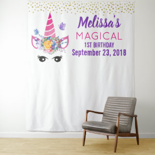 Unicorn with Confetti Birthday Photo Backdrop Tapestry