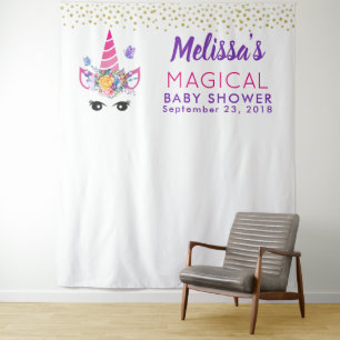 Unicorn with Flowers & Confetti Photo Backdrop Tapestry