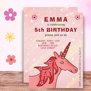 Unicorn with Flowers Girl`s Birthday Party Invitation